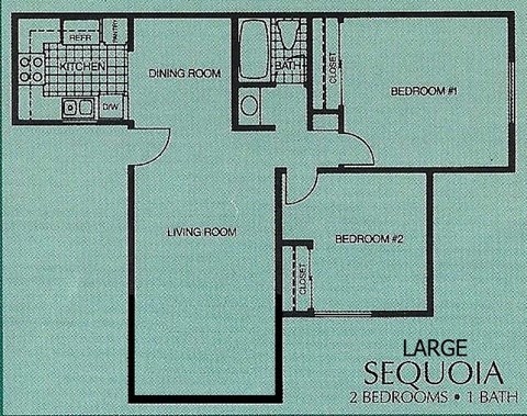 Floor plan for 2 beds, 1 bath, 805 sqft
